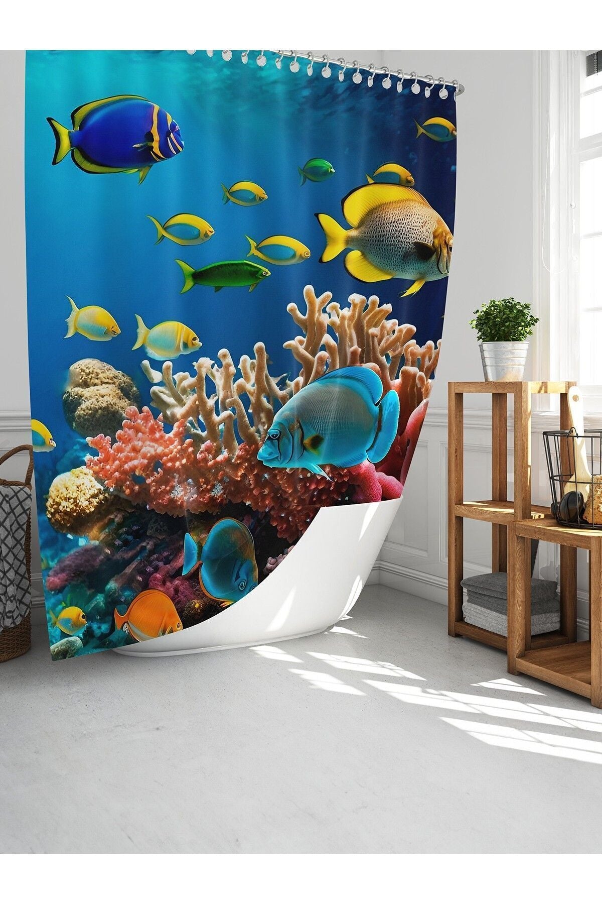 Tropikhome 180 x 200 Mavi Su Altı Balık Desenli Banyo Perdesi — Mavi