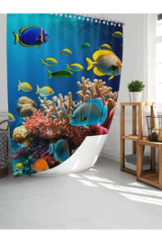 Tropikhome 180 x 200 Mavi Su Altı Balık Desenli Banyo Perdesi — Mavi