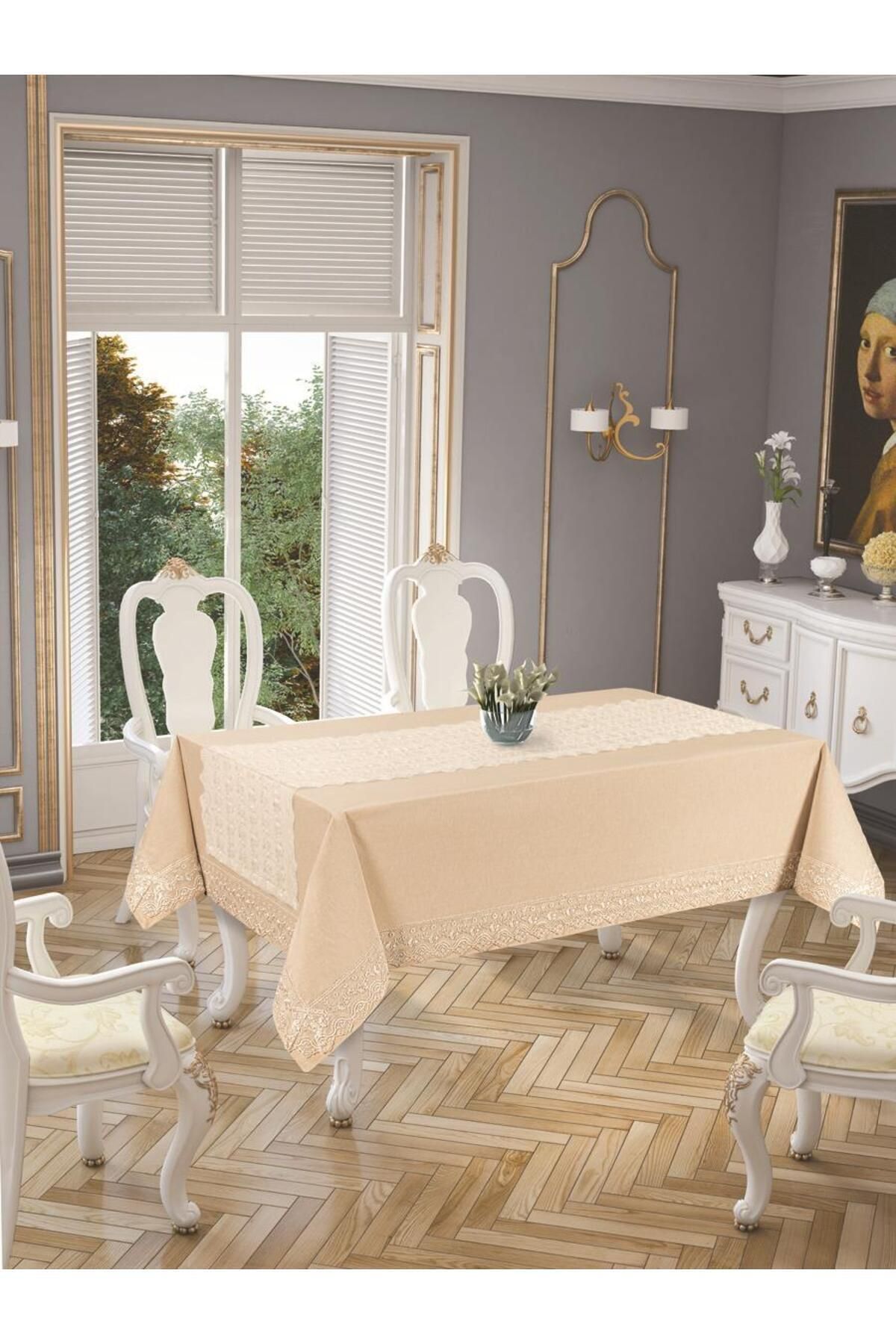 Tropikhome 160 x 220 Bej Pamuklu Masa Örtüsü Ve Dantelli Runner Çeyiz Seti — Bej