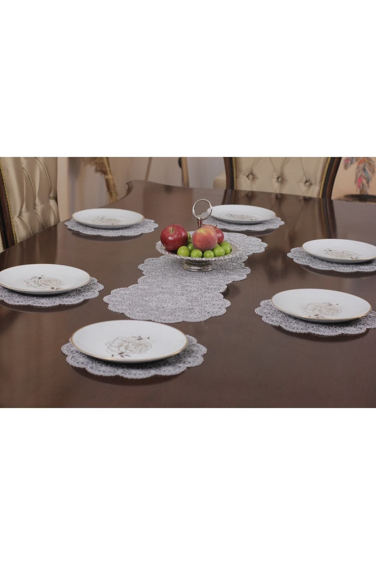 Tropikhome Nakışlı Gri 30 x 92 Runner + 30 x 30*6 Amerikan Servisli 7 Parça Sunum Yemek Seti — Gri