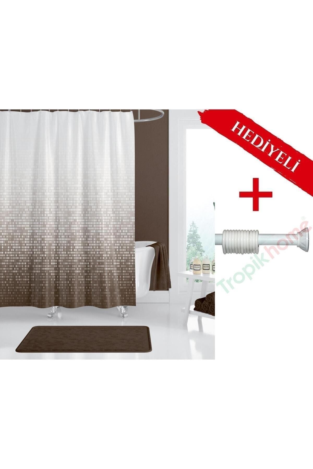 Geometrik Desenli Polyester Kumaş Banyo Perdesi 2MT Beyaz Yaylı Boru ve C-halkalı Set — Kahverengi