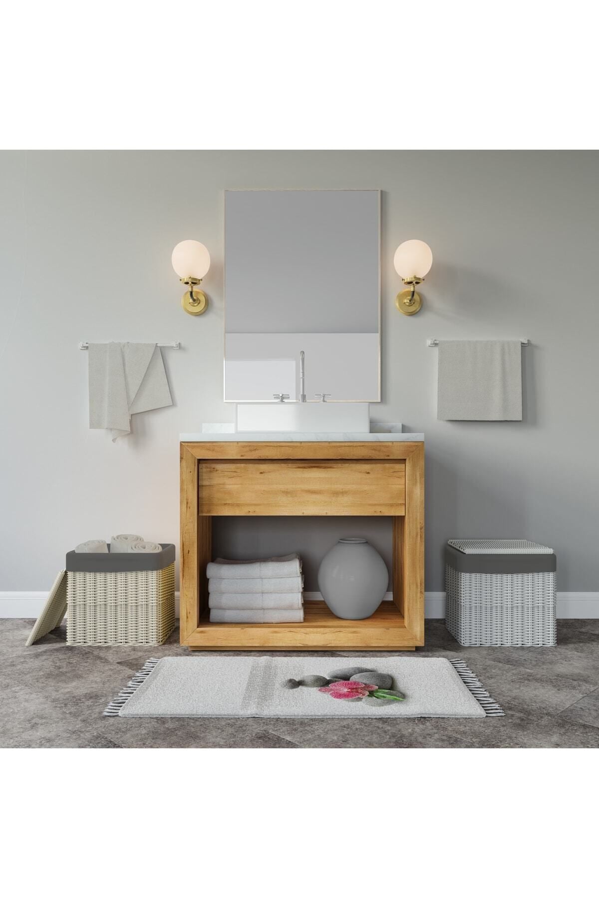 Taş Desenli Kaymaz Taban Dijital Baskılı 50x80cm Banyo Paspası ve 180x200cm Dijital Baskılı Banyo Perdesi Takımı — 180 x 200 + 50 x 80