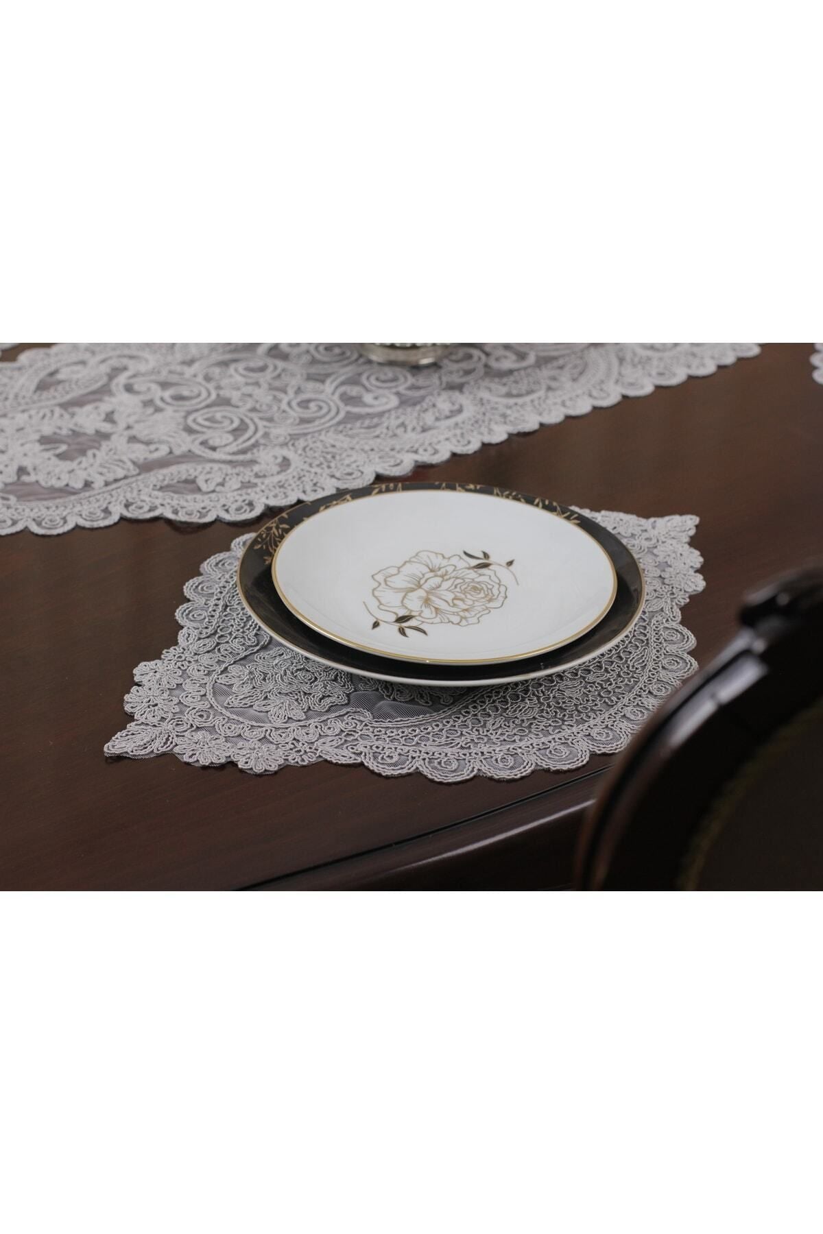 Tropikhome Nakışlı Gri 35 x 115 Runner + 35 x 50*12 Amerikan Servisli 13 Parça Sunum Yemek Seti — Gri