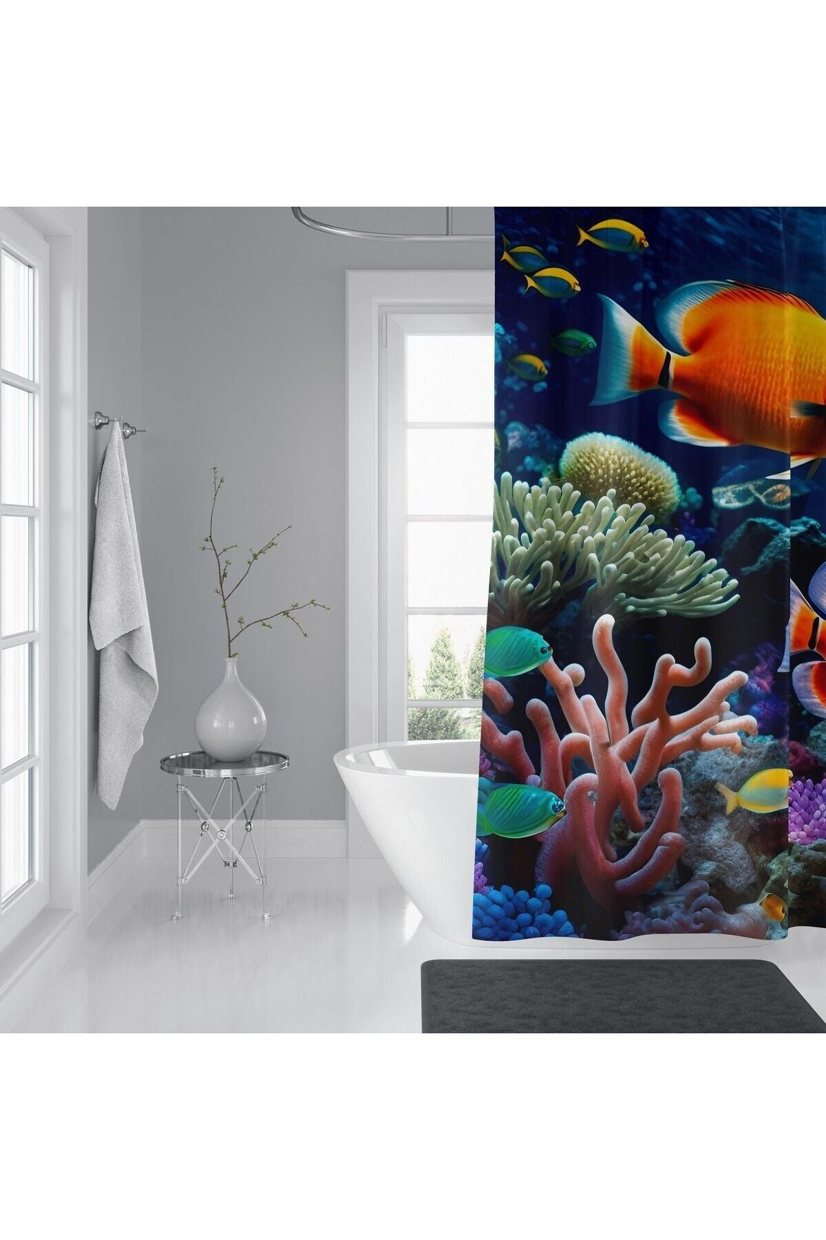 Tropikhome 180 x 200 Mavi Su Altı Balık Desenli Banyo Perdesi — Mavi