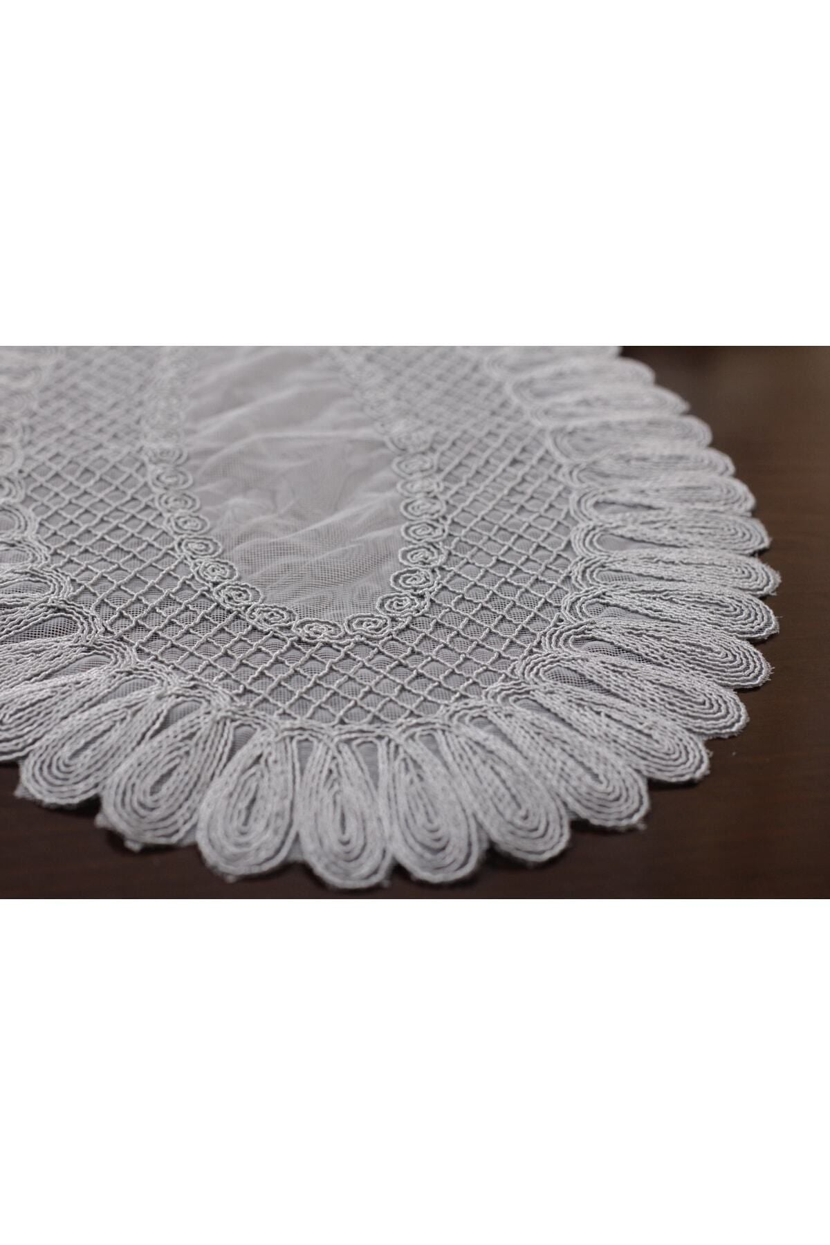 Tropikhome Nakışlı Gri 32 x 110 Runner + 32 x 50*8 Amerikan Servisli 9 Parça Sunum Yemek Seti — Gri