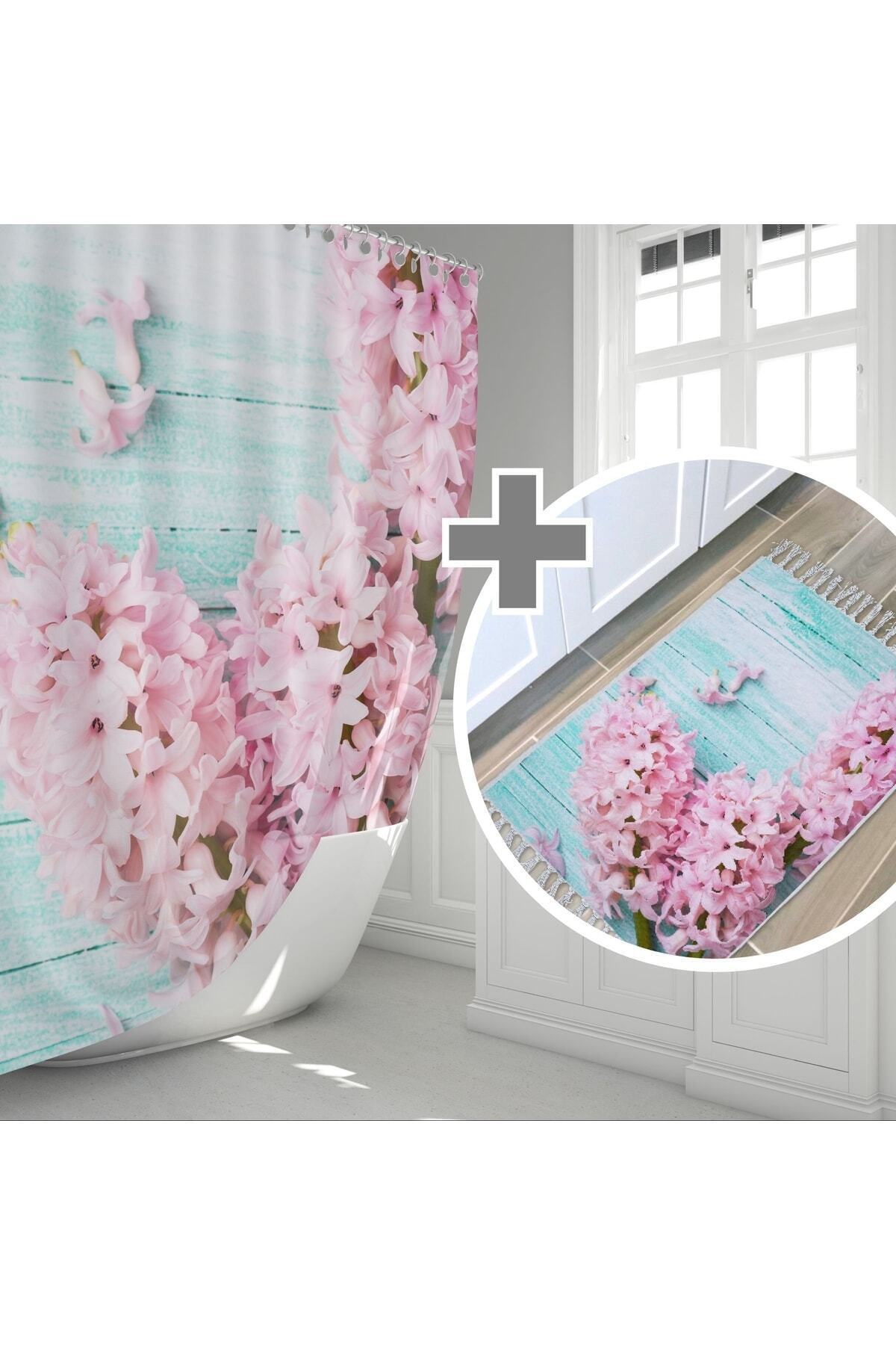 Çiçek Desenli Kaymaz Taban Dijital Baskılı 50x80cm Banyo Paspası ve 180x200cm Dijital Baskılı Banyo Perdesi Takımı — 180 x 200 + 50 x 80