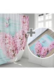 Çiçek Desenli Kaymaz Taban Dijital Baskılı 50x80cm Banyo Paspası ve 180x200cm Dijital Baskılı Banyo Perdesi Takımı — 180 x 200 + 50 x 80