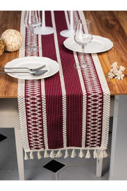 Ham Organik Pamuk Dantel Desenli Püsküllü Bordo Runner 35x145 Cm  Masa Sunum Örtüsü — Bordo