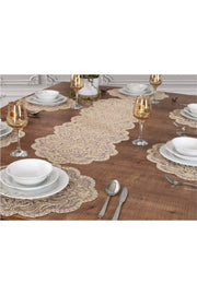 Tropikhome Nakışlı Bej 40 x 110 Runner  + 40 x 40*12 Amerikan Servisli 13 Parça Sunum Yemek Seti — Bej
