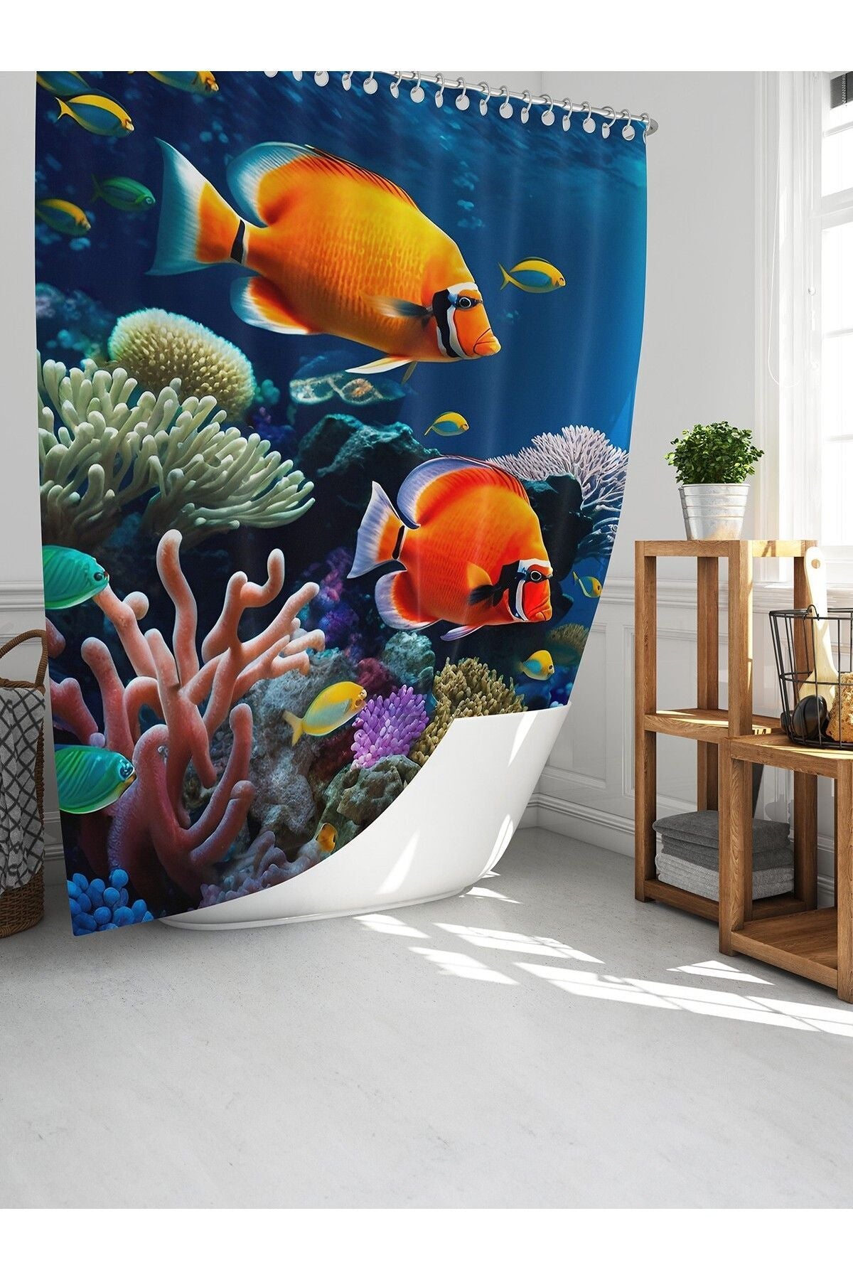 Tropikhome 180 x 200 Mavi Su Altı Balık Desenli Banyo Perdesi — Mavi