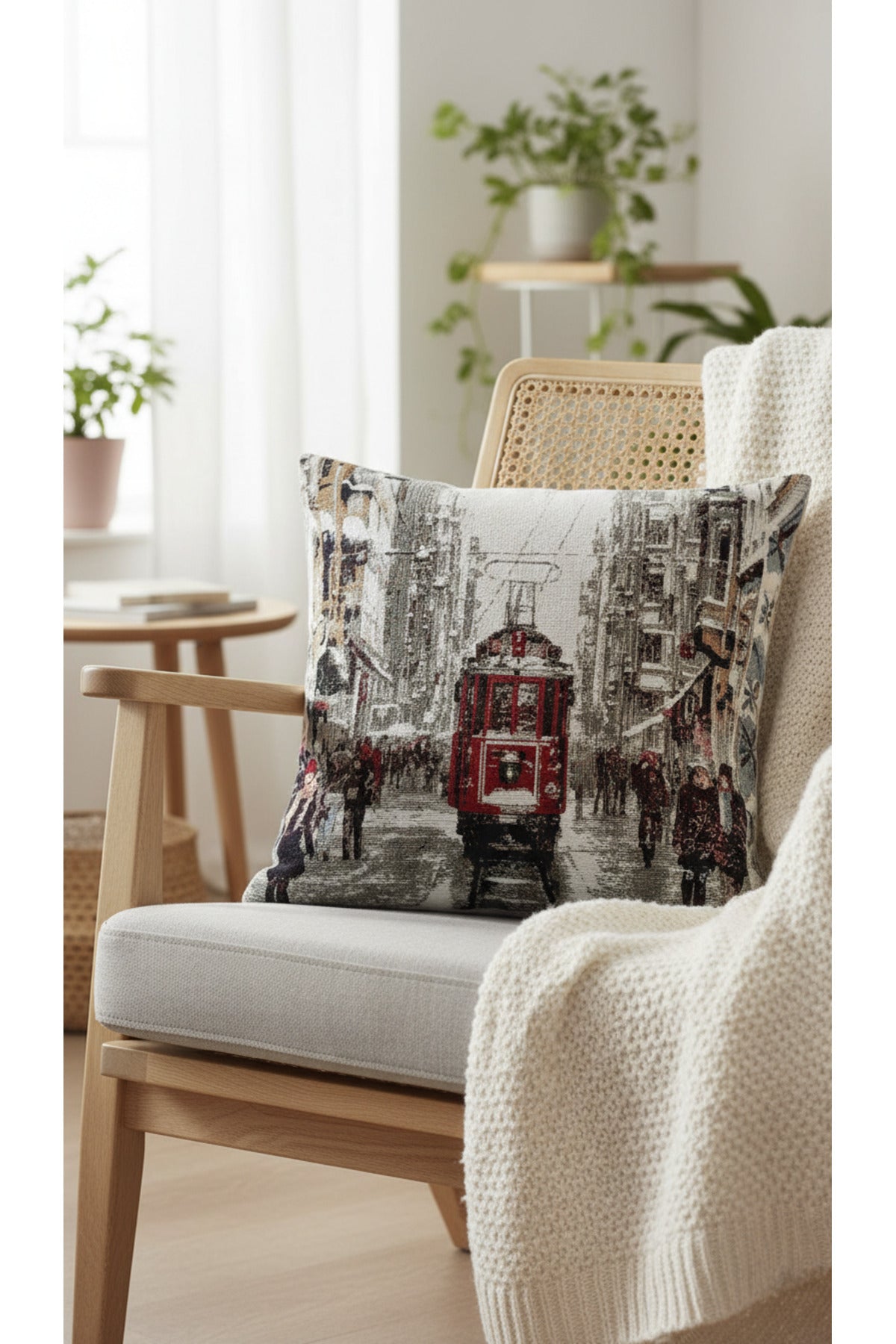Tropikhome ST-9 Kırsal Ev Desenli 45 x 45 Cm Çift Taraflı Goblen Dokuma Kırlent Kılıfı — Çok Renkli