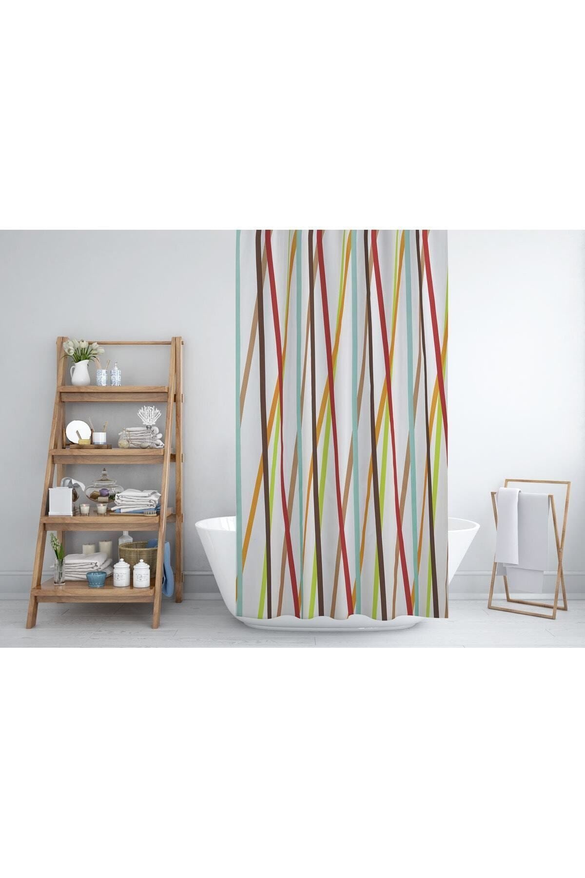 Tropikhome 180 x 200 Çok Renkli Geometrik Desenli Banyo Perdesi — Çok Renkli