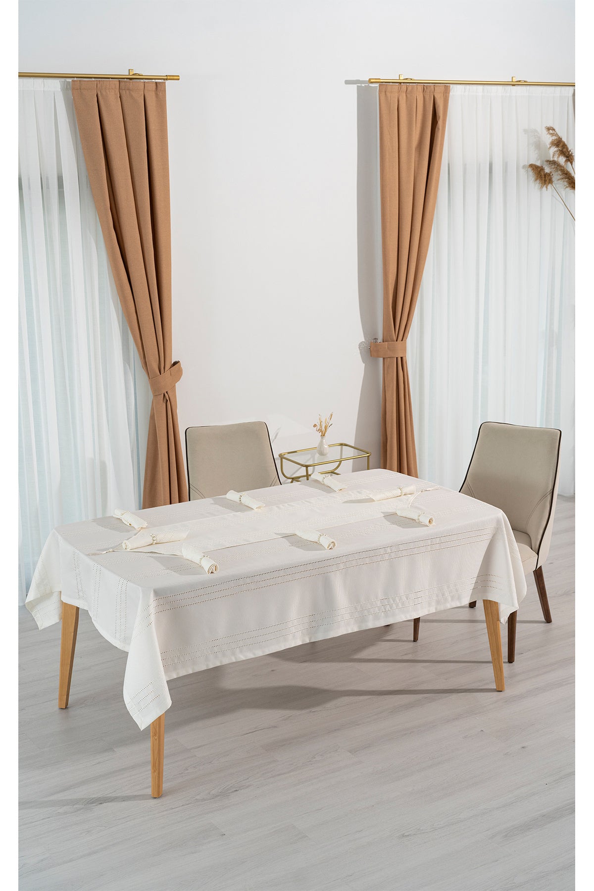 Tropikhome 160 x 220 + 1 Runner + 12 peçete + 12 Yüzük'lü Keten Görünümlü 26 Parça Dertsiz Çeyiz Seti — Krem