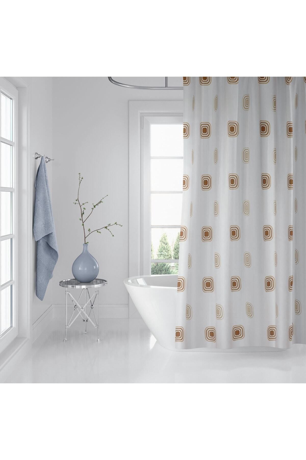 Tropikhome 180 x 200 Kahverengi Geometrik Desenli Banyo Perdesi — Kahverengi