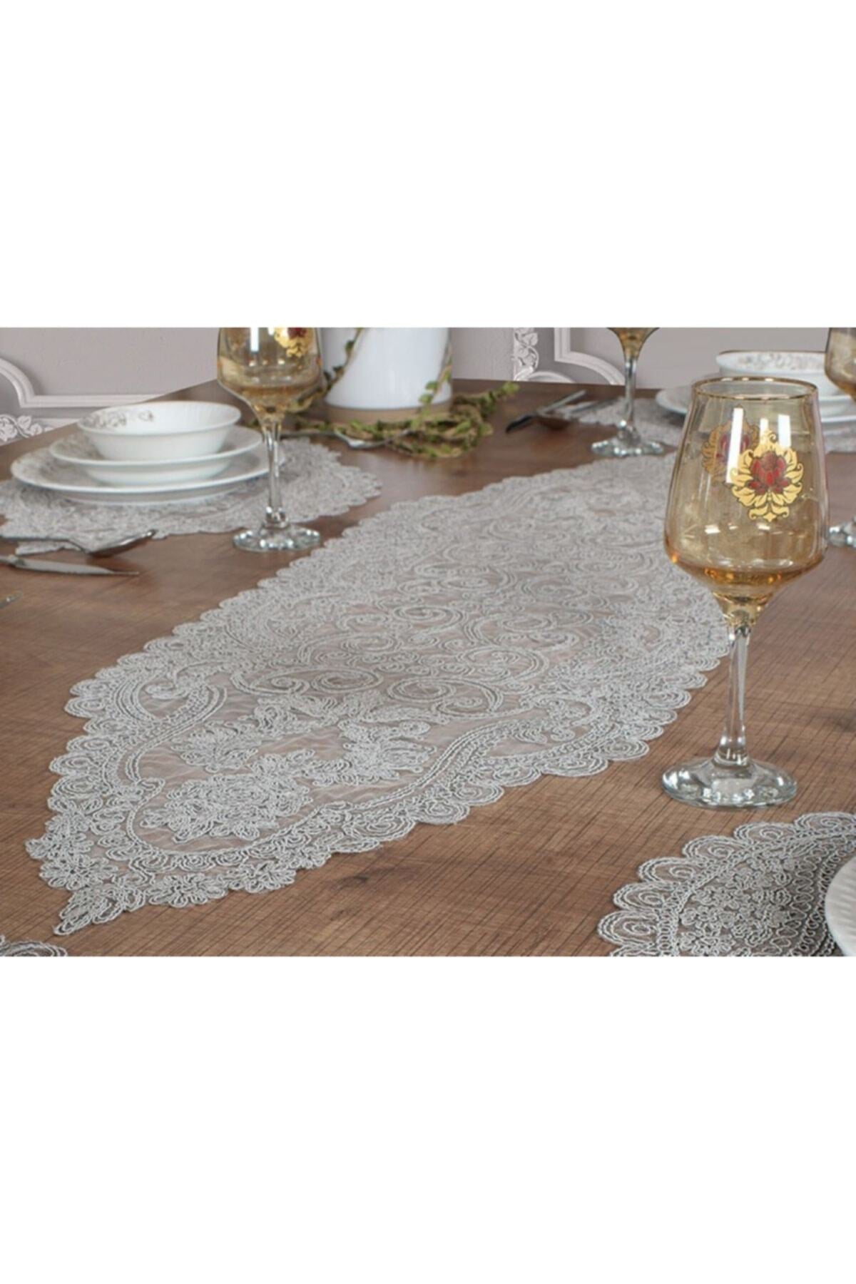 Tropikhome Nakışlı Gri 35 x 115 Runner + 35 x 50*12 Amerikan Servisli 13 Parça Sunum Yemek Seti — Gri