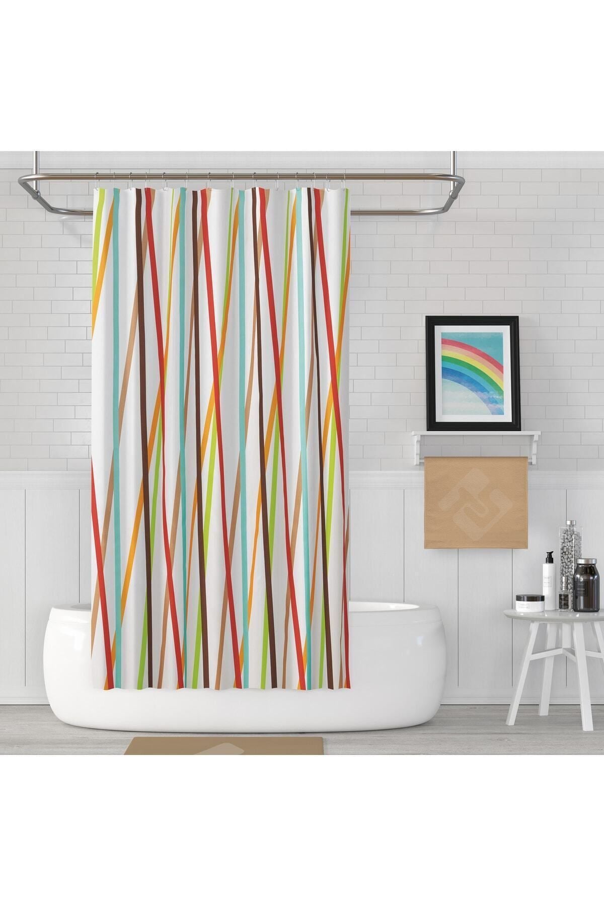 Tropikhome 180 x 200 Çok Renkli Geometrik Desenli Banyo Perdesi — Çok Renkli