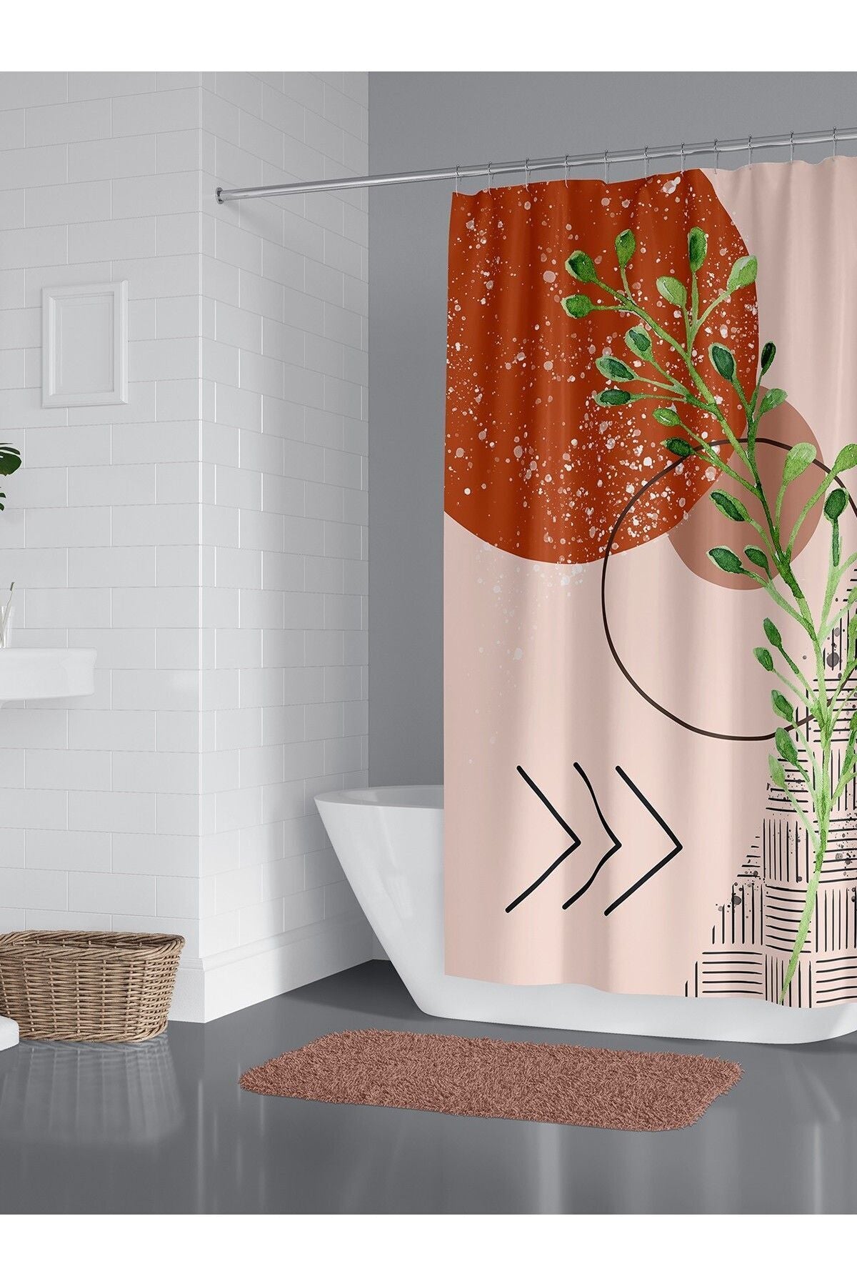 Tropikhome 180 x 200 Bej Modern Soyut Yaprak Desenli Banyo Perdesi — Bej