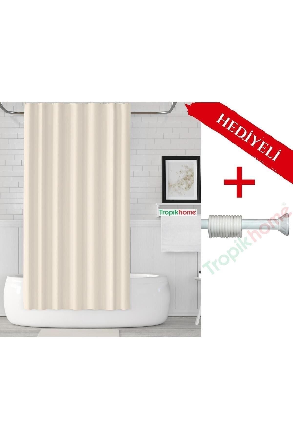 Krem Renk Polyester Kumaş Banyo Perdesi 2MT Beyaz Yaylı Boru ve C-halkalı Set — Krem