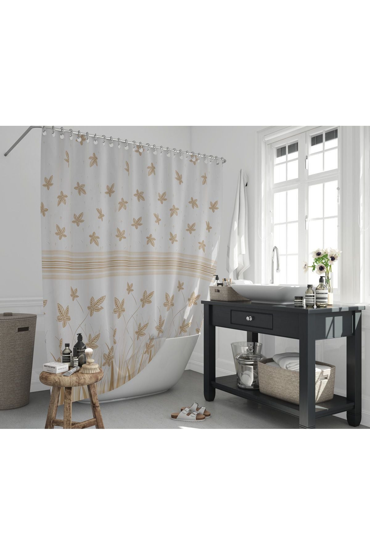 Tropikhome 180 x 200 Kahverengi Yaprak Desenli Banyo Perdesi — Kahverengi