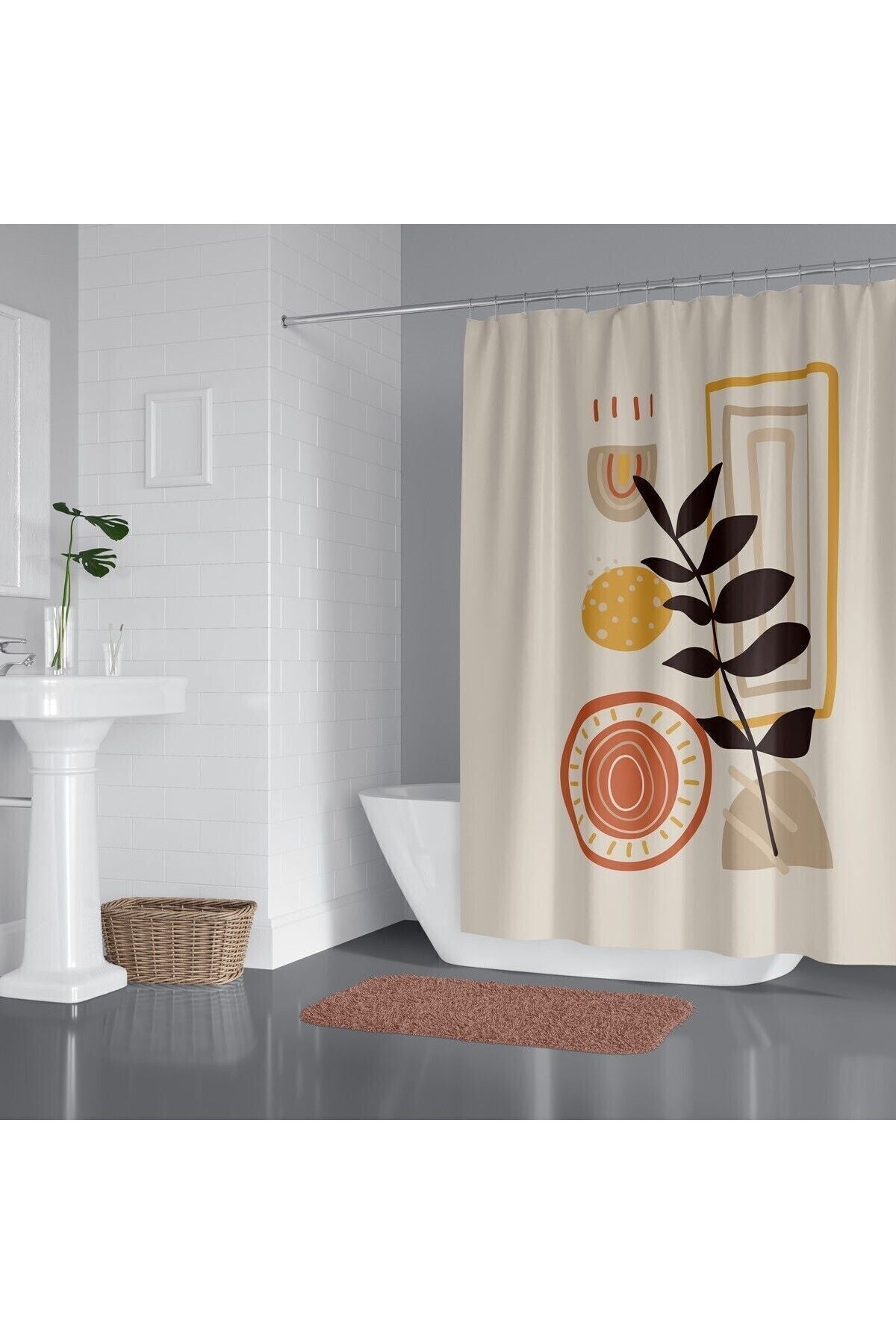 Tropikhome 180 x 200 Bej Boho Modern Desen Banyo Perdesi — Bej