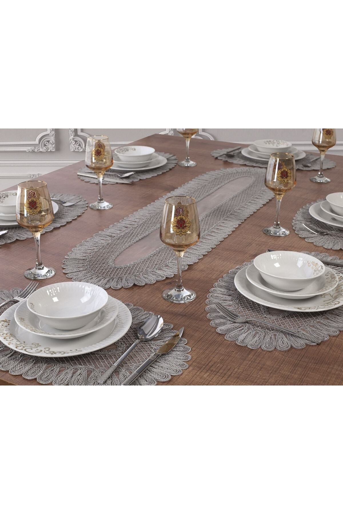 Tropikhome Nakışlı Gri 32 x 110 Runner + 32 x 50*8 Amerikan Servisli 9 Parça Sunum Yemek Seti — Gri