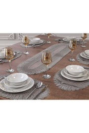 Tropikhome Nakışlı Gri 32 x 110 Runner + 32 x 50*8 Amerikan Servisli 9 Parça Sunum Yemek Seti — Gri