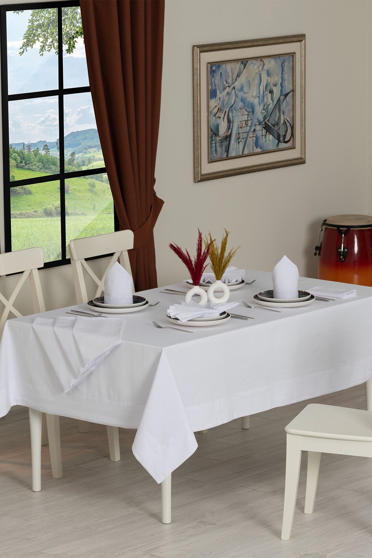 Tropikhome 160 x 220 + 8 Peçete Beyaz Pamuklu 9 Parça Masa Örtüsü Seti  — Beyaz
