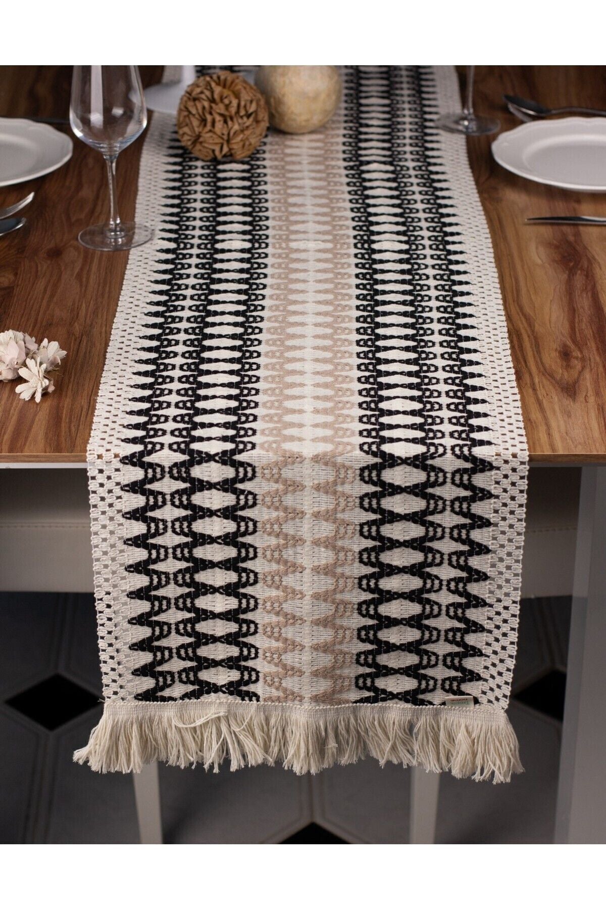 Tropikhome Örme Zigzag Desenli Siyah - Kahve 35 x 145 cm Runner — Siyah - Kahve