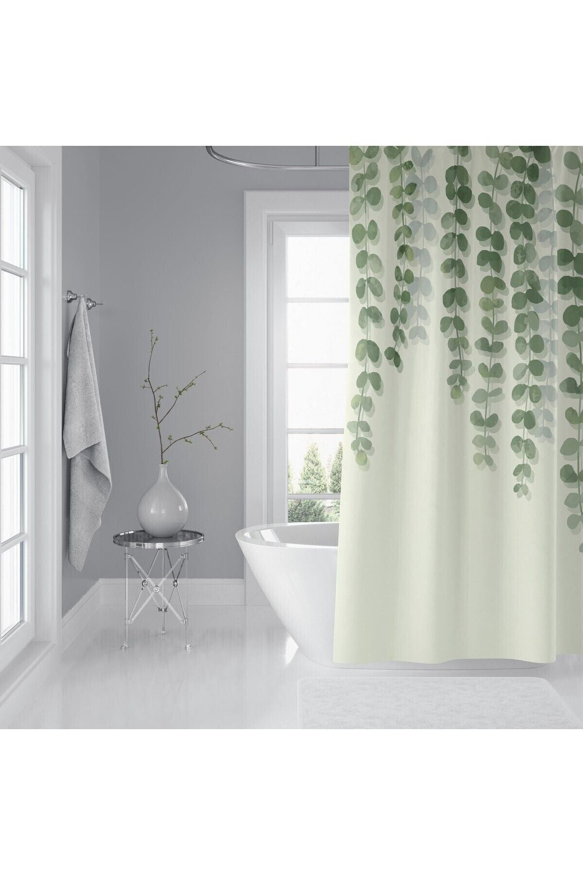 Tropikhome 180 x 200 Yeşil Sarmaşık Desenli Banyo Perdesi — Yeşil