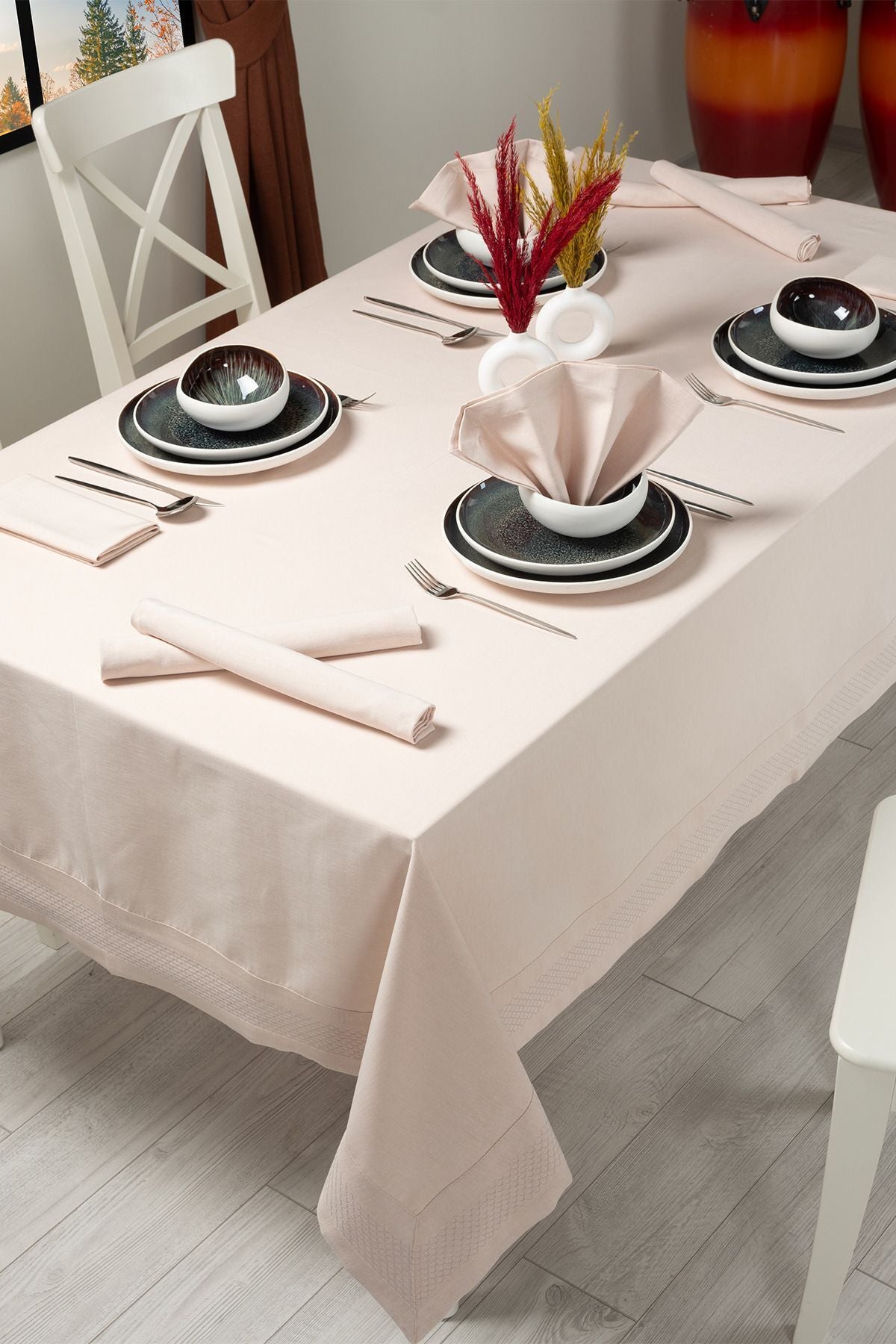 Tropikhome 160 x 220 + 8 Peçete Bej Pamuklu 9 Parça Masa Örtüsü Seti  — Bej