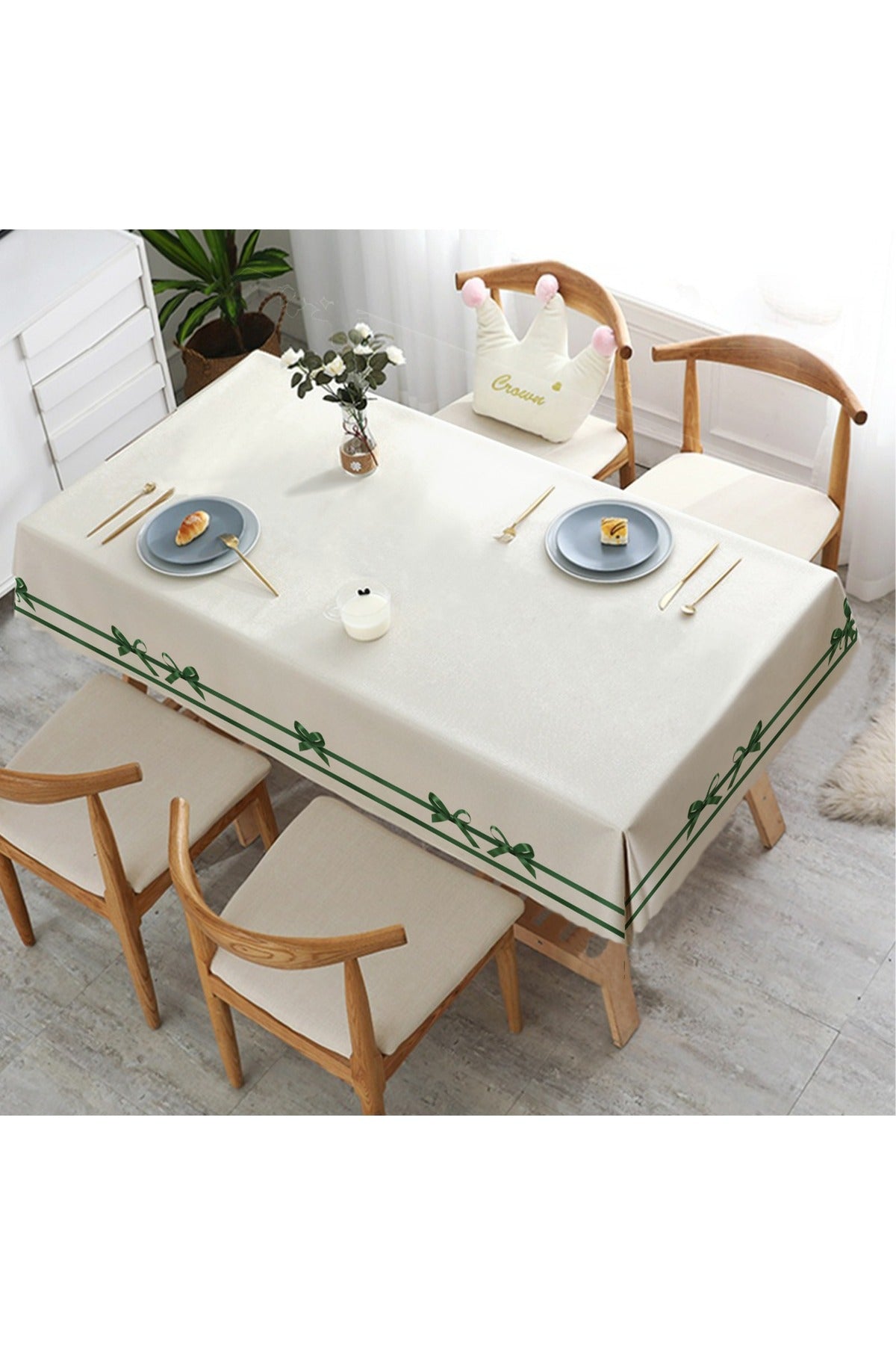 Tropikhome 150 x 220 Kurdele Desenli Solma Yapmaz Dijital Baskılı Dertsiz Masa Örtüsü — Yeşil