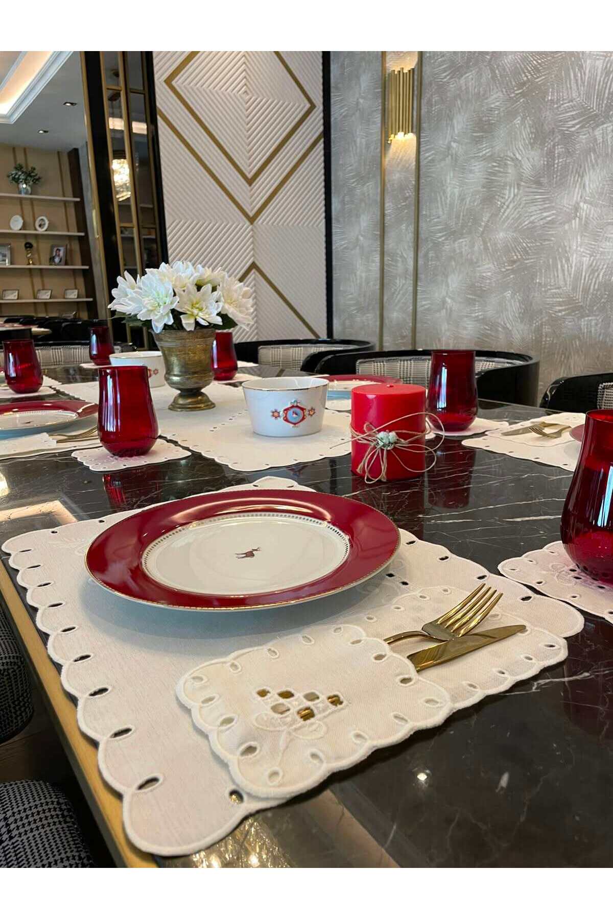 Brode Nakışlı 25 Parça Keten Efektli Çeyizlik Amerikan Servis Sofra ve Salon Takımı — Ekru