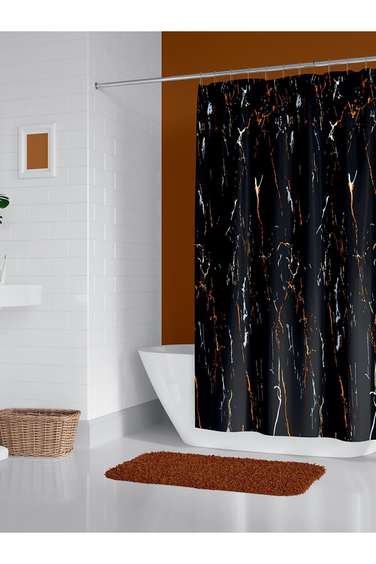 Tropikhome 120 X 200 (Çift Kanat) Siyah Mermer Desenli Banyo Perdesi — Siyah