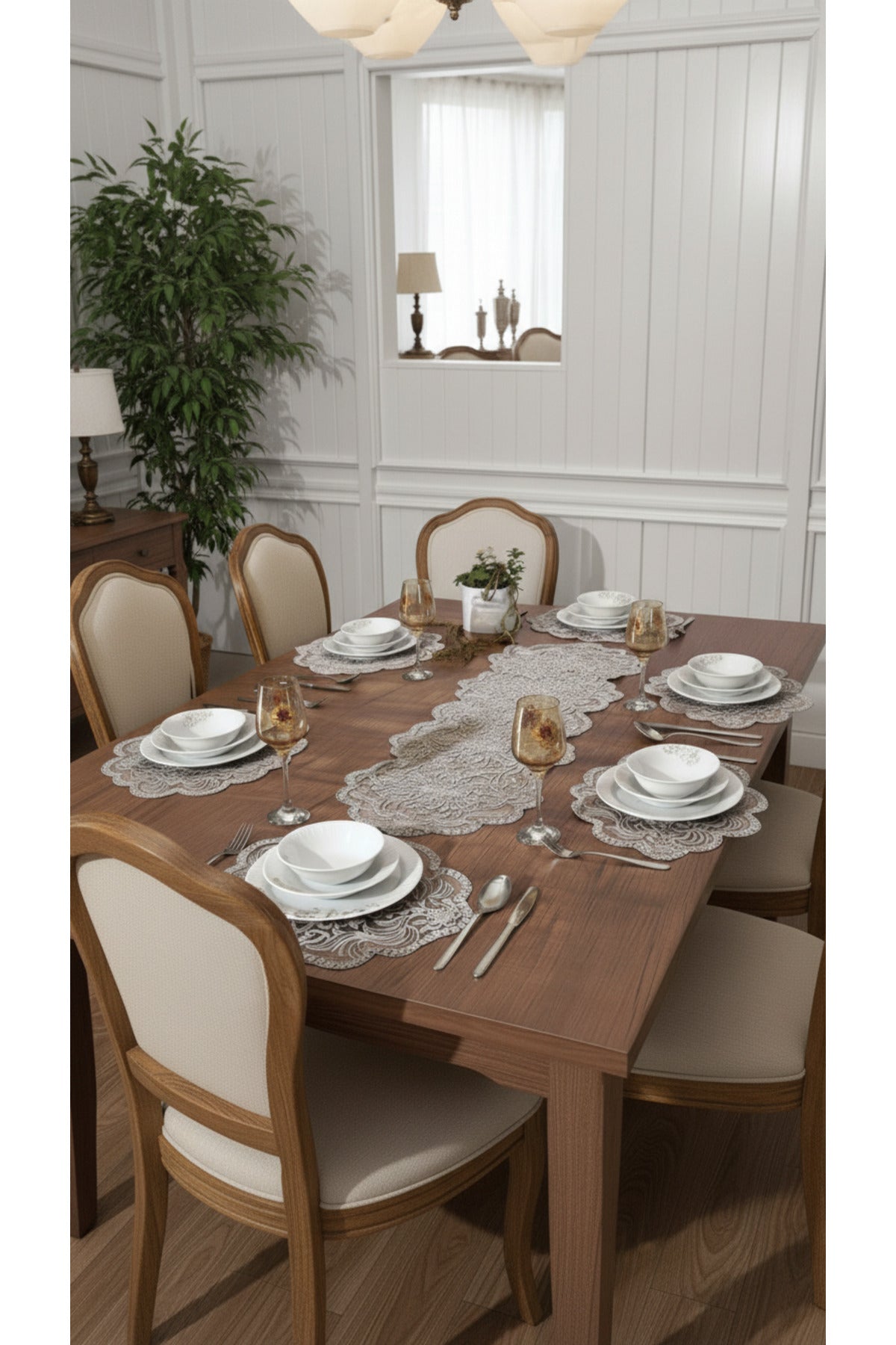 Tropikhome Nakışlı Gri 40 x 110 Runner + 40 x 40*12 Amerikan Servisli 13 Parça Sunum Yemek Seti — Gri