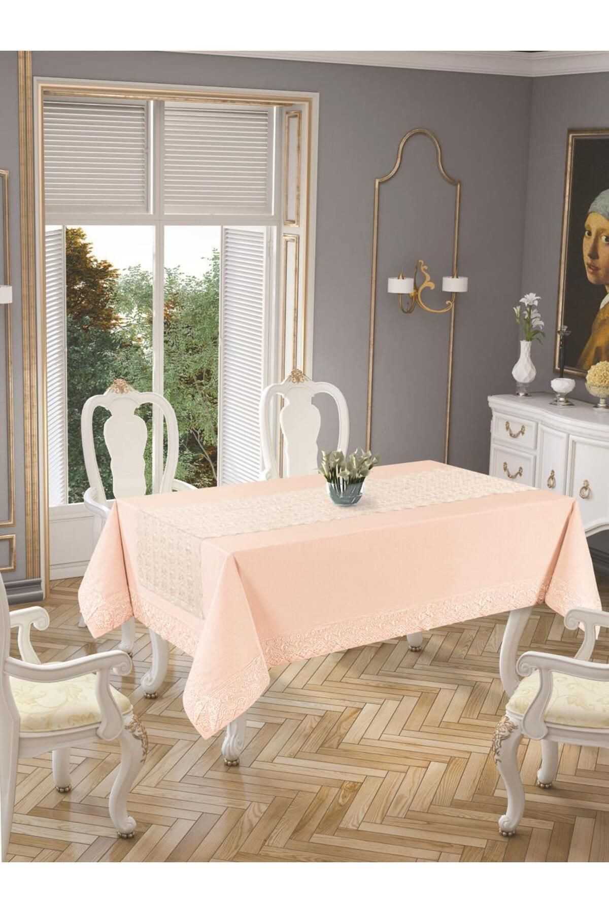 Tropikhome 160 x 220 Pembe Pamuklu Masa Örtüsü Ve Dantelli Runner Çeyiz Seti — Pembe