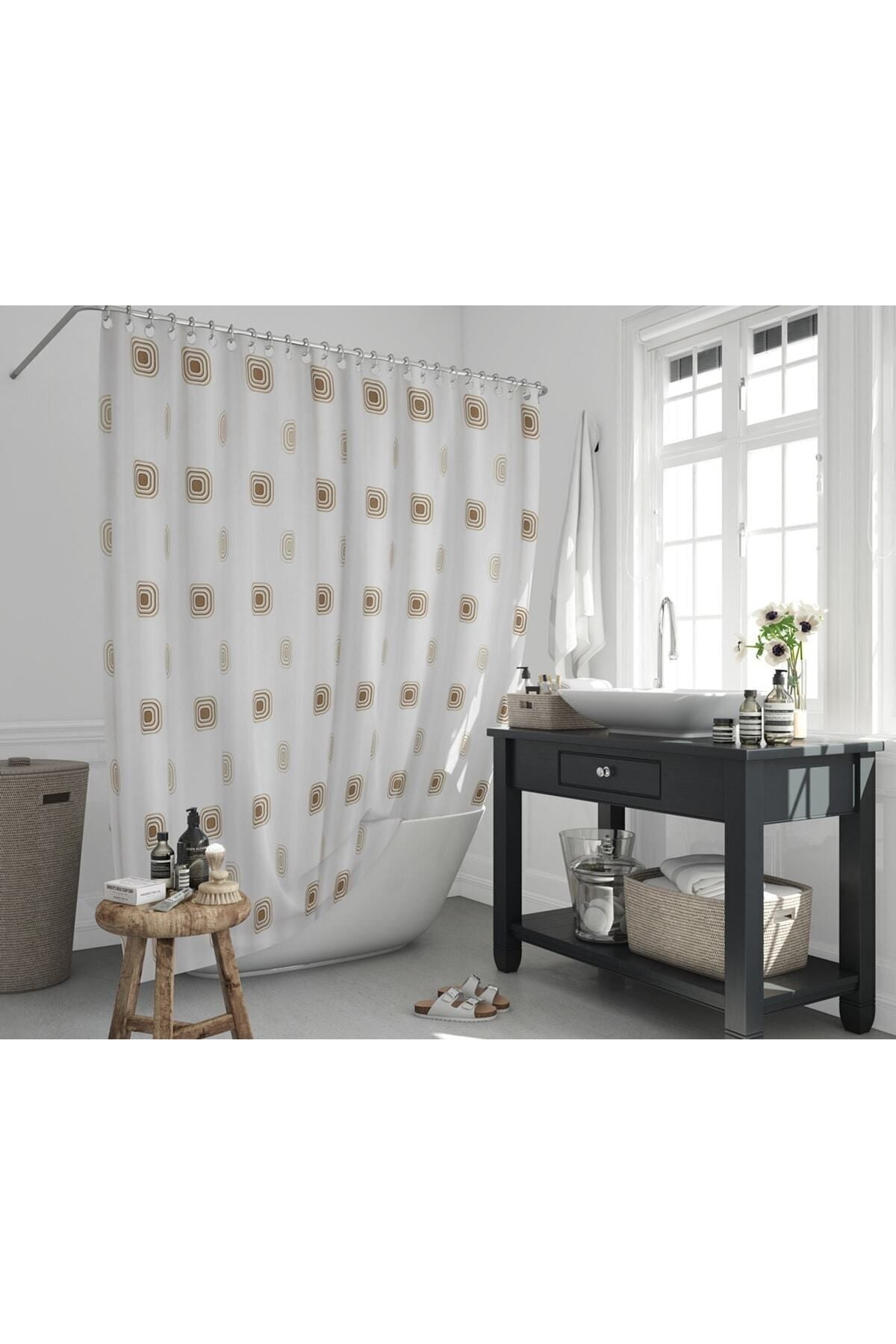 Tropikhome 180 x 200 Kahverengi Geometrik Desenli Banyo Perdesi — Kahverengi
