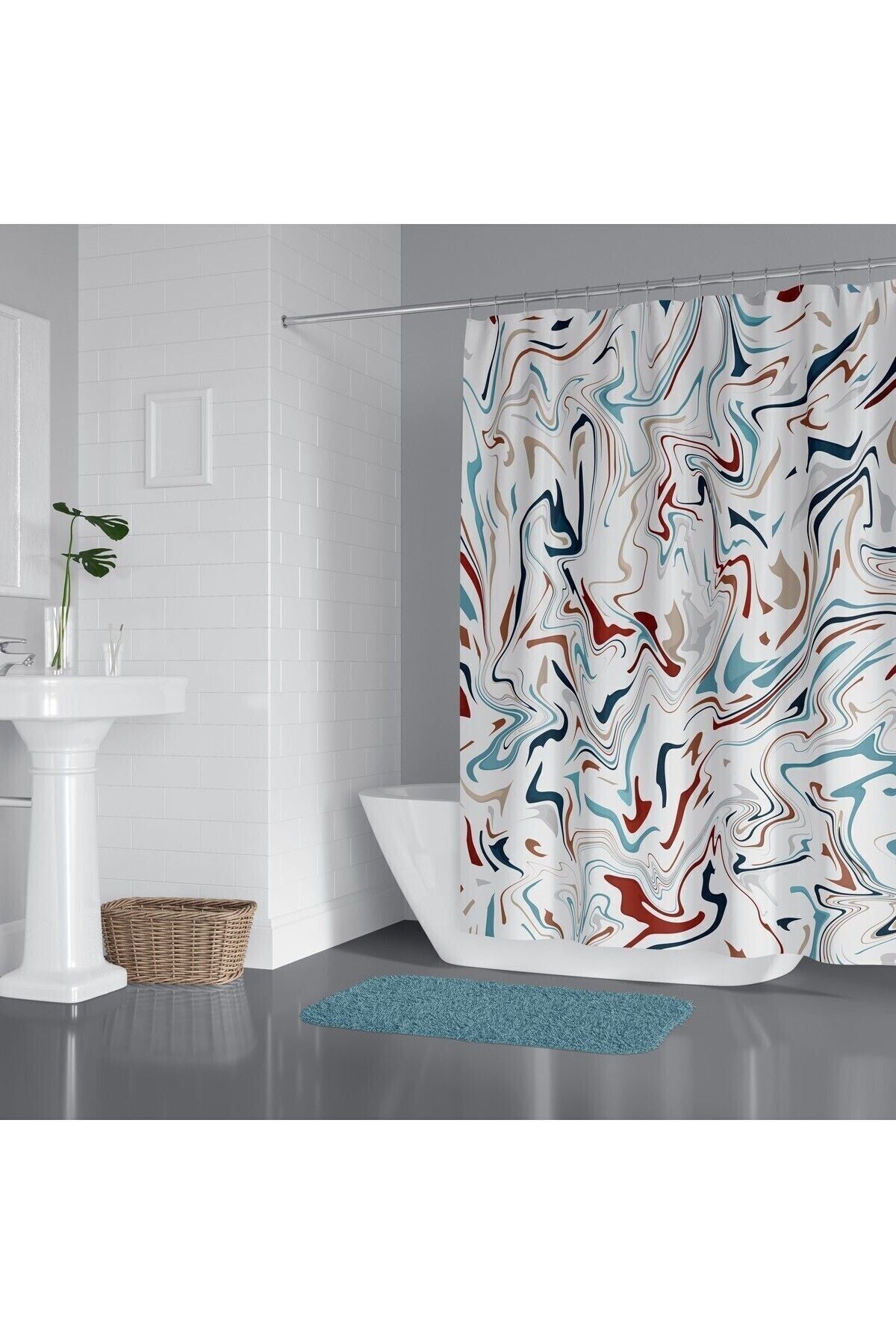 Tropikhome 180 x 200 Çok Renkli Mermer Desenli Banyo Perdesi — Çok Renkli