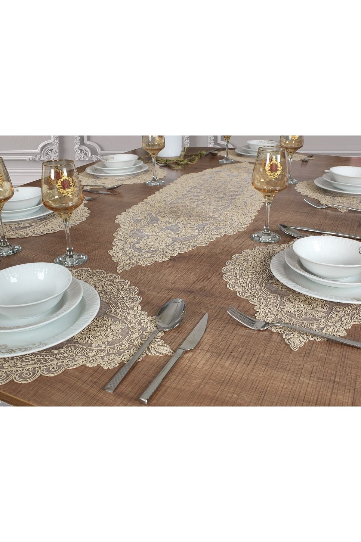 Tropikhome Nakışlı Bej 35 x 115 Runner + 35 x 50*8 Amerikan Servisli 9 Parça Sunum Yemek Seti — Bej