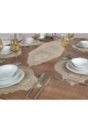 Tropikhome Nakışlı Bej 35 x 115 Runner + 35 x 50*8 Amerikan Servisli 9 Parça Sunum Yemek Seti — Bej