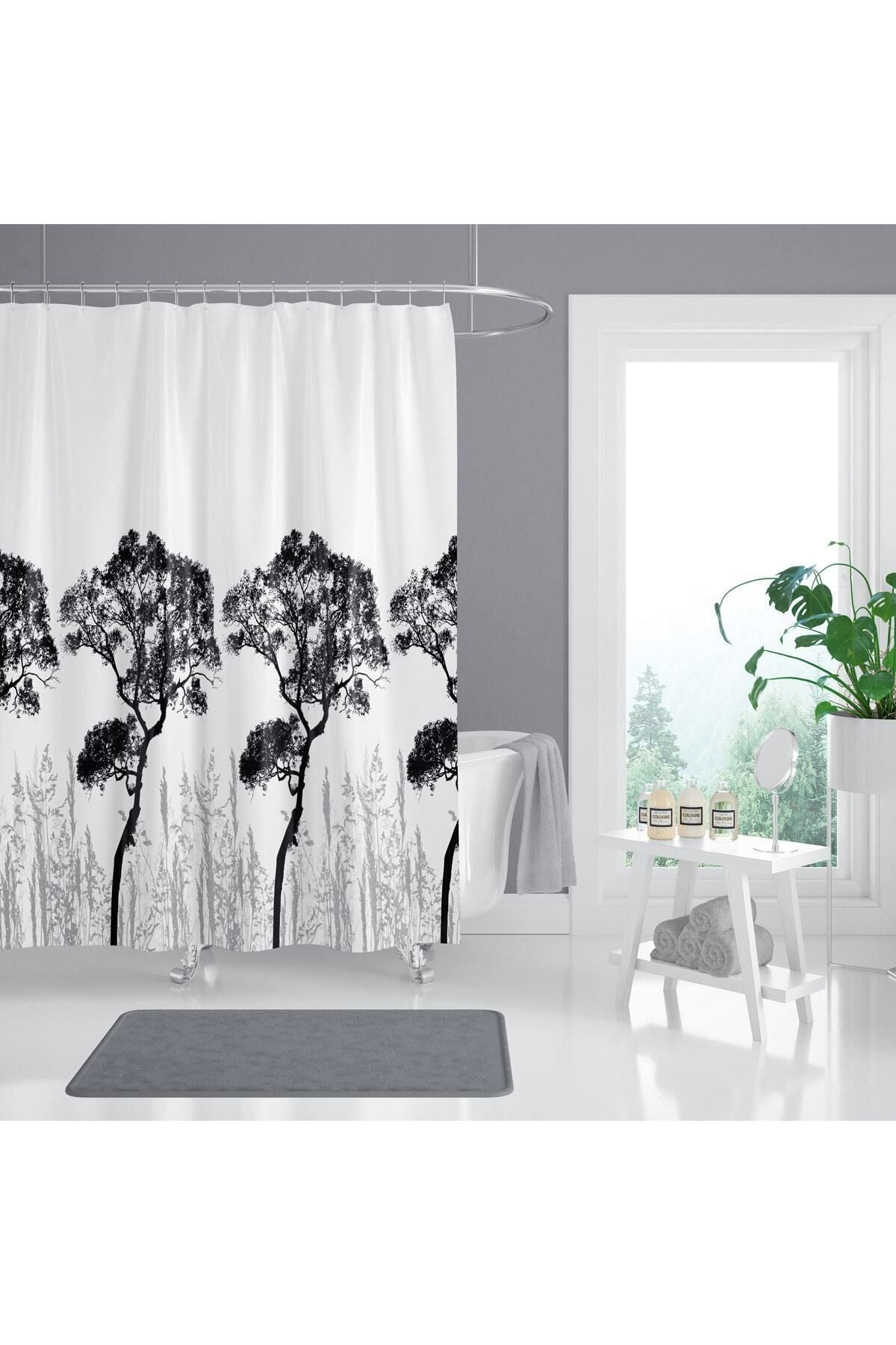 Ağaç Desenli Kaymaz Taban Dijital Baskılı 50x80cm Banyo Paspası ve 180x200cm Dijital Baskılı Banyo Perdesi Takımı — 180 x 200 + 50 x 80