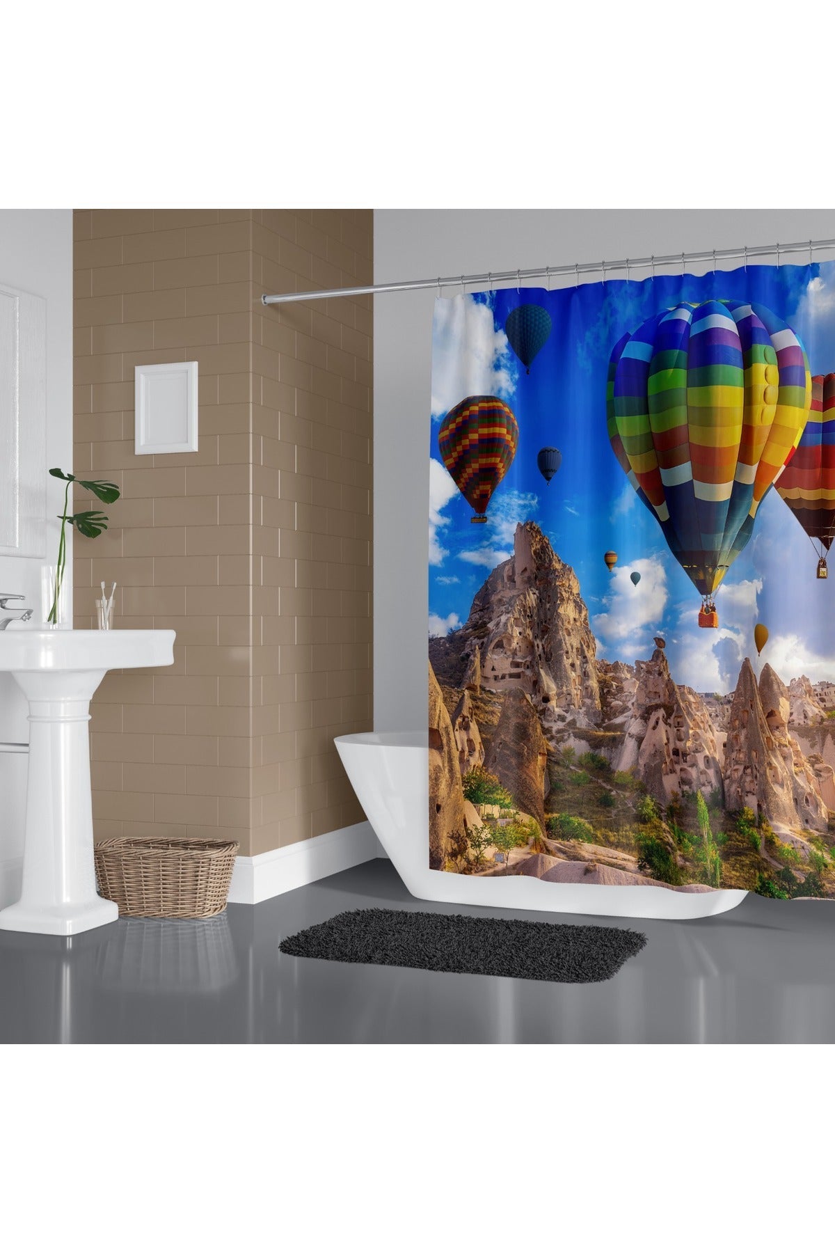 Tropikhome 180 x 200 Çok Renkli Kapadokya Balonu Desenli Banyo Perdesi — Çok Renkli