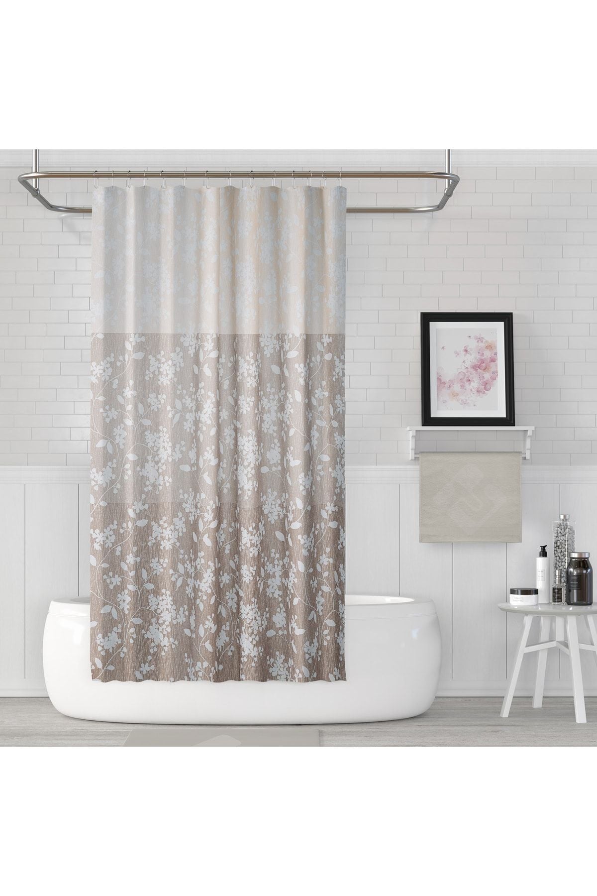 Tropikhome 180 x 200 Kahverengi Çiçek Desenli Banyo Perdesi — Kahverengi