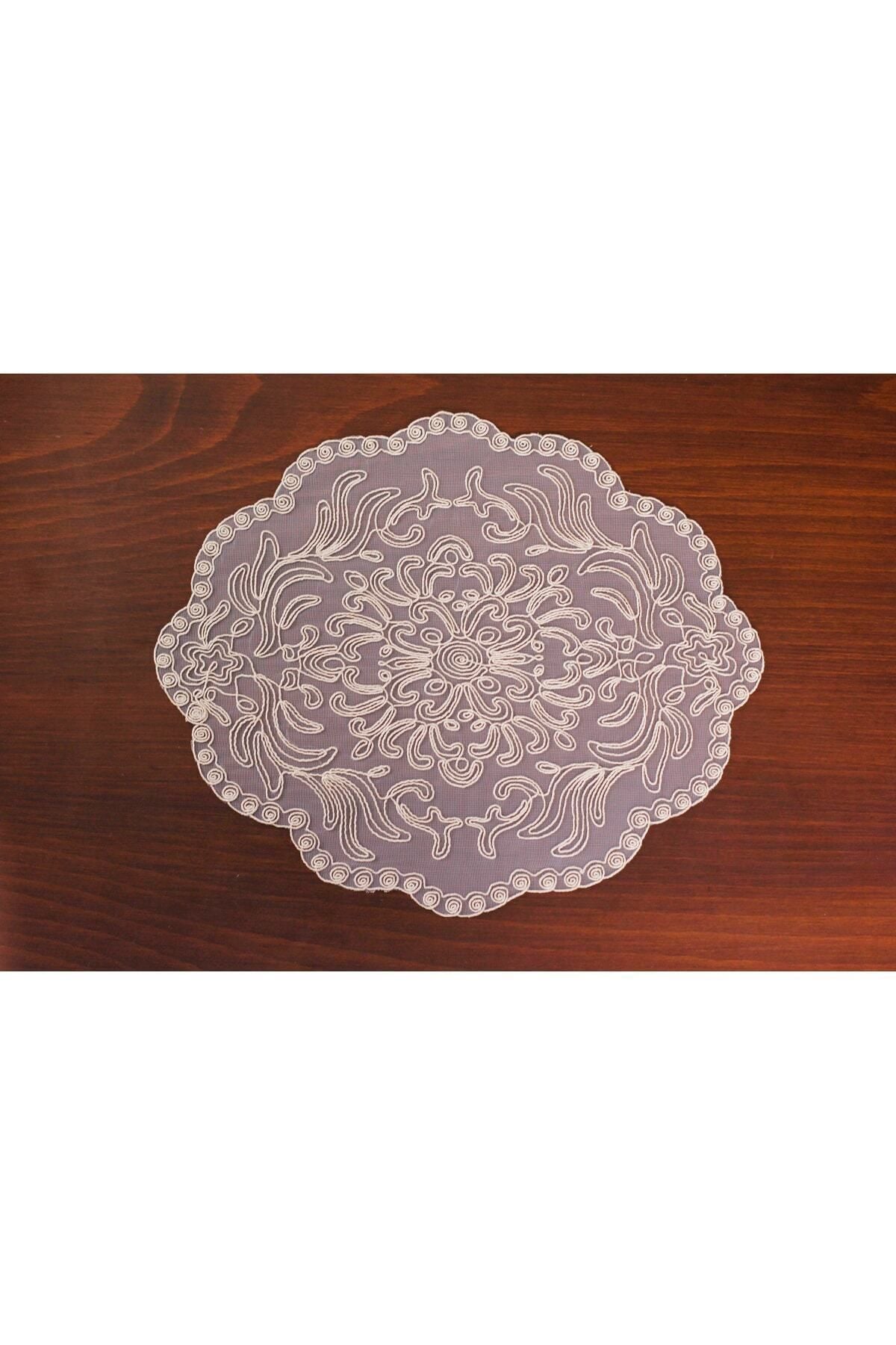Tropikhome Nakışlı Bej 40 x 110 Runner  + 40 x 40*12 Amerikan Servisli 13 Parça Sunum Yemek Seti — Bej
