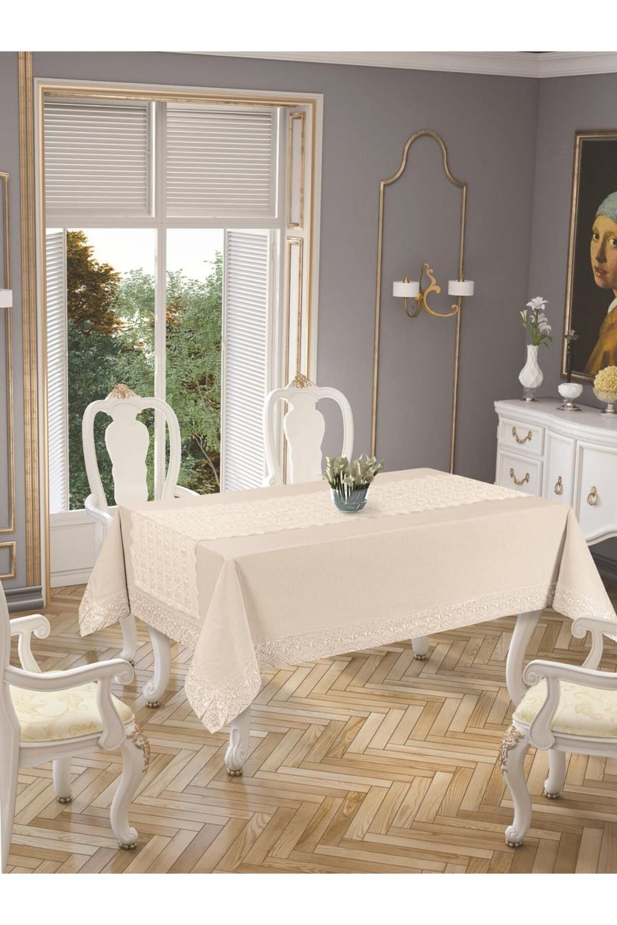 Tropikhome 160 x 220 Gri Pamuklu Masa Örtüsü Ve Dantelli Runner Çeyiz Seti — Gri
