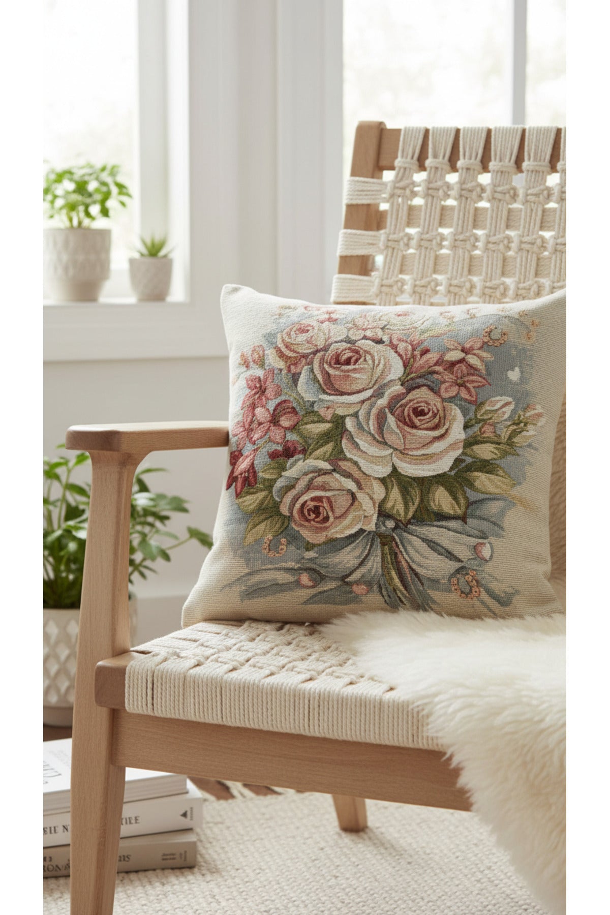 Tropikhome ST-9 Kırsal Ev Desenli 45 x 45 Cm Çift Taraflı Goblen Dokuma Kırlent Kılıfı — Çok Renkli