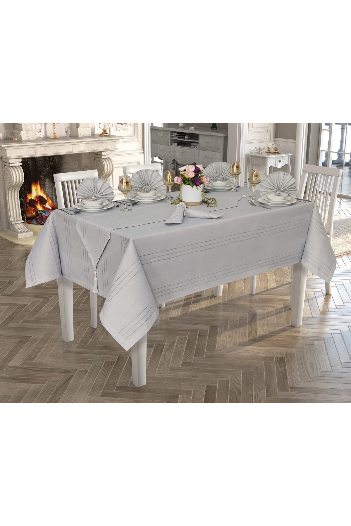 Tropikhome 160 x 220 + 1 Runner + 12 peçete + 12 Yüzük'lü Keten Görünümlü 26 Parça Dertsiz Çeyiz Seti — Gri