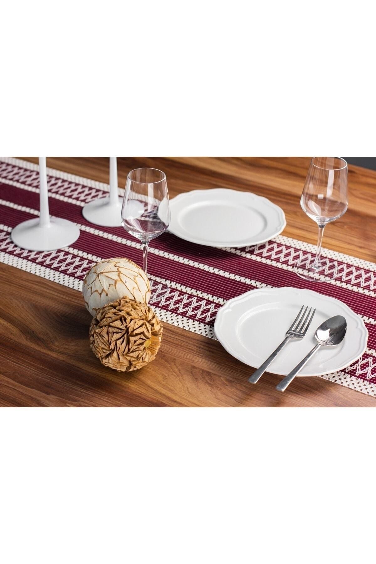 Ham Organik Pamuk Dantel Desenli Püsküllü Bordo Runner 35x145 Cm  Masa Sunum Örtüsü — Bordo