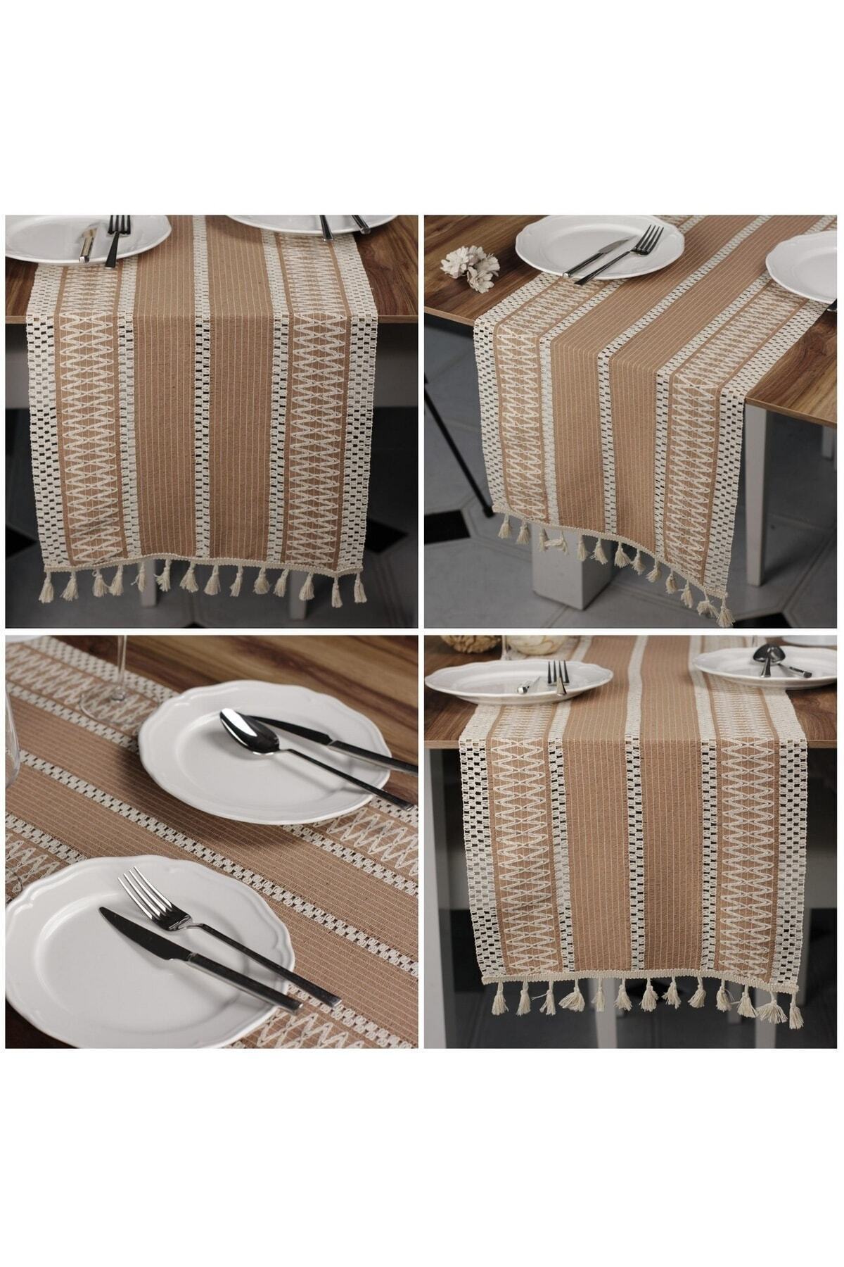 Ham Organik Pamuk Dantel Desenli Püsküllü Bej Runner 35x145 Cm  Masa Sunum Örtüsü — Bej