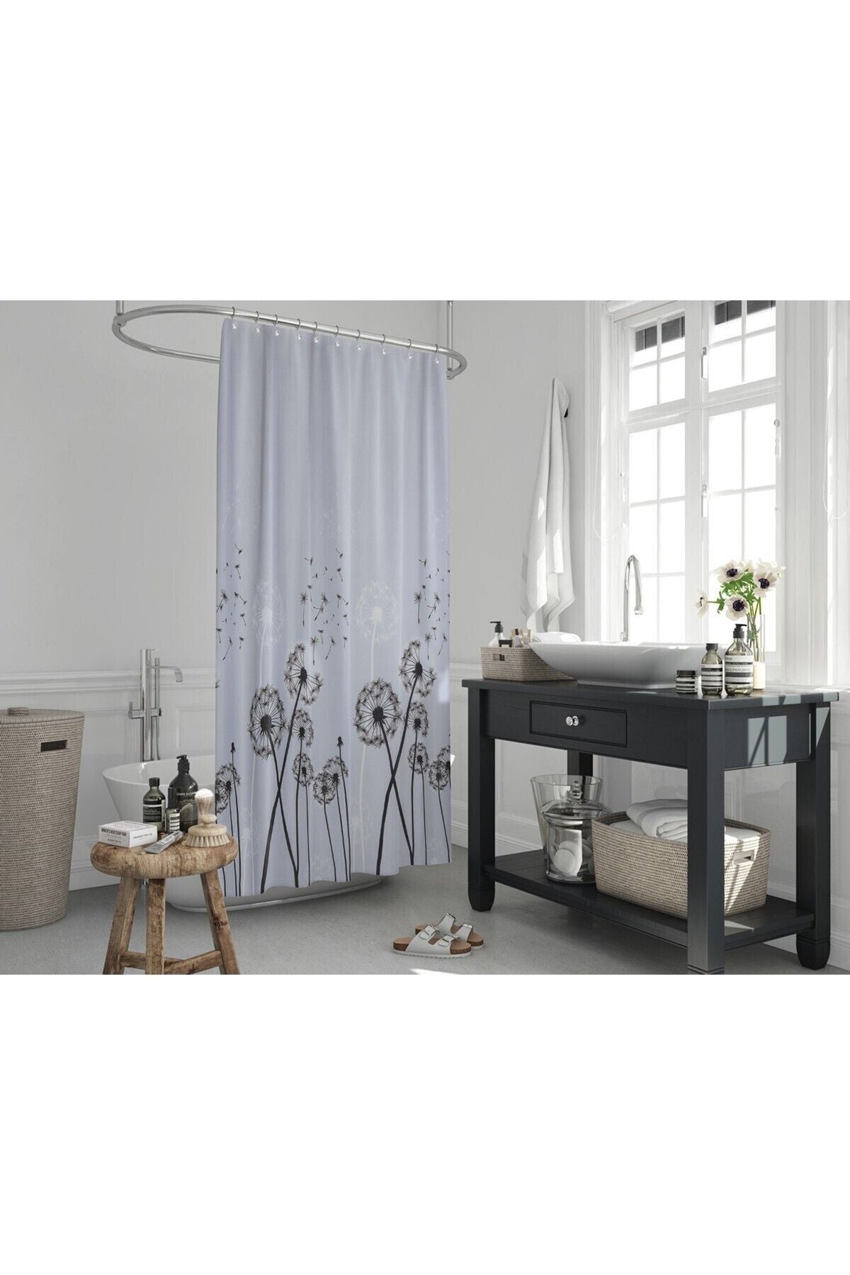 Tropikhome 120 X 200 (Çift Kanat) Gri Karahindiba Desenli Banyo Perdesi — Gri