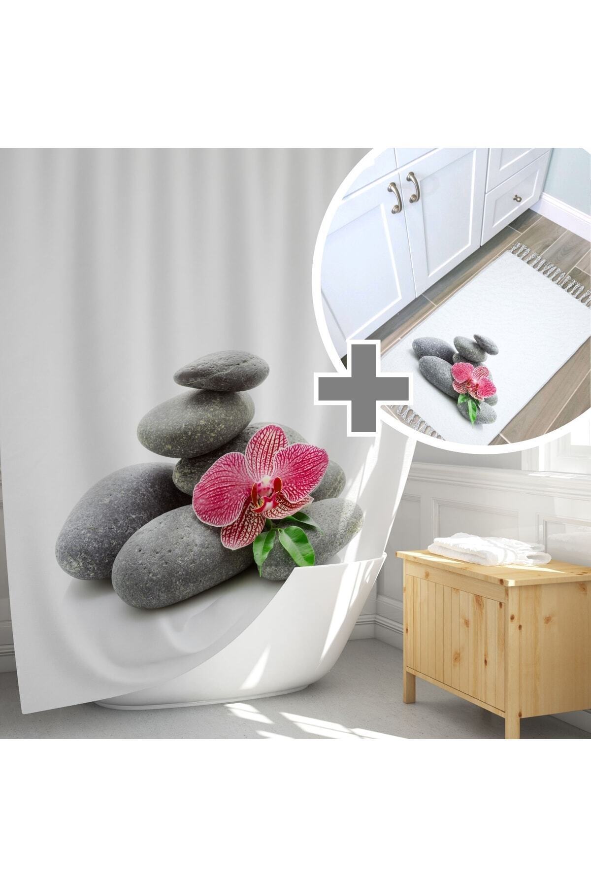 Taş Desenli Kaymaz Taban Dijital Baskılı 50x80cm Banyo Paspası ve 180x200cm Dijital Baskılı Banyo Perdesi Takımı — 180 x 200 + 50 x 80
